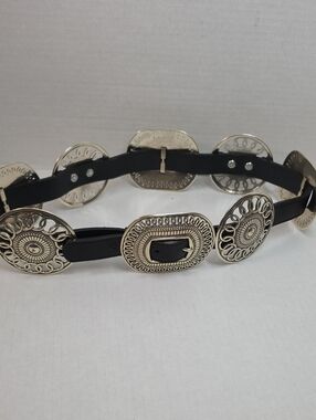 Lady Nadim Western-Inspired Black Leather Belt with Silver Conchos